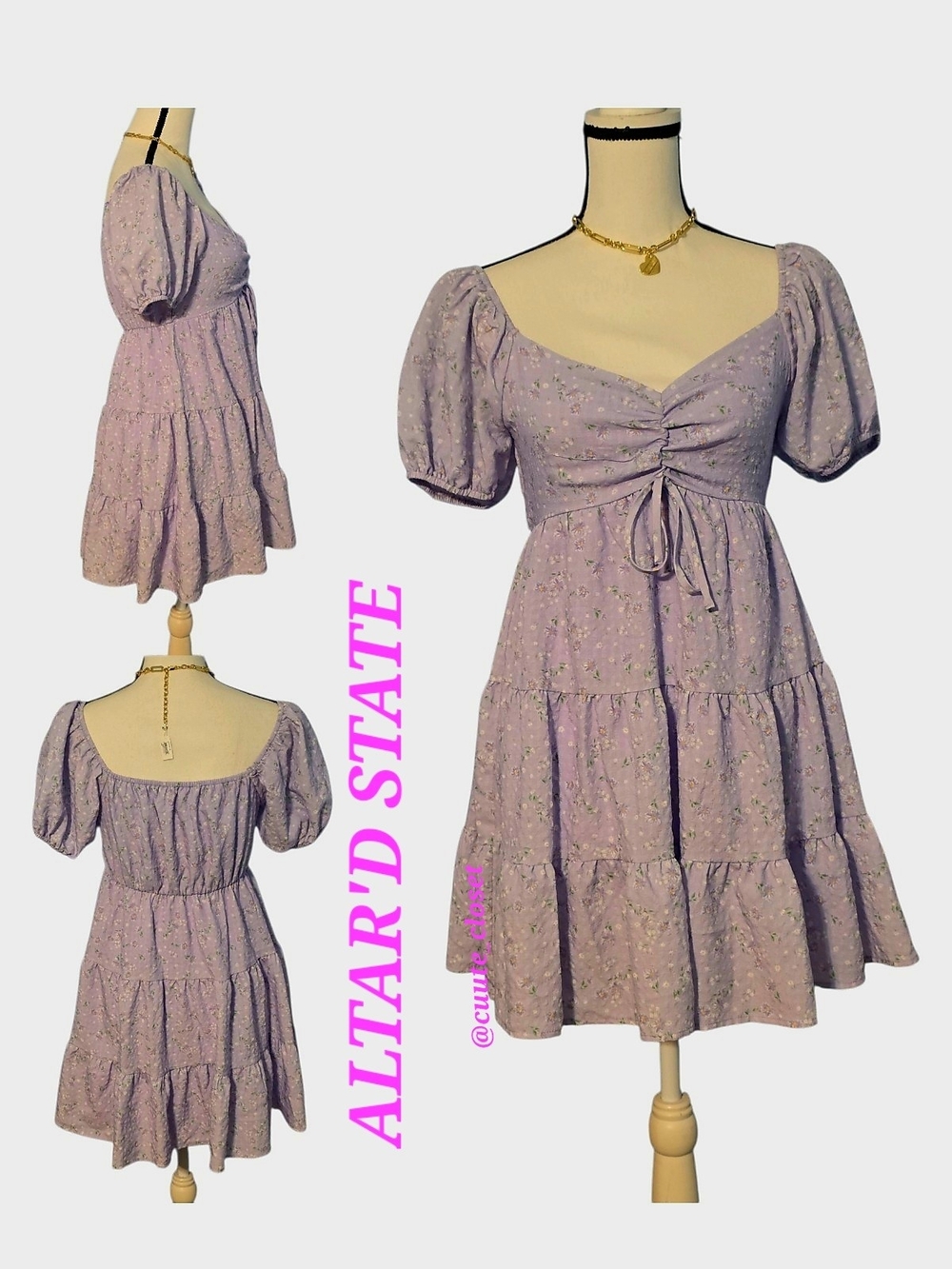 Altar'd State Lavender Puff-Sleeve Tiered Mini Dress Daisy Floral